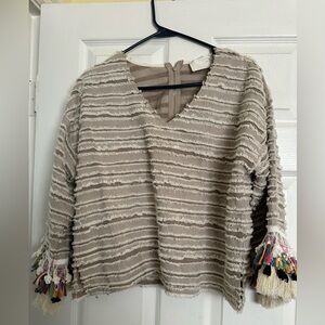 J.O.A. Beige Textured Blouse with Multicolor Tassels